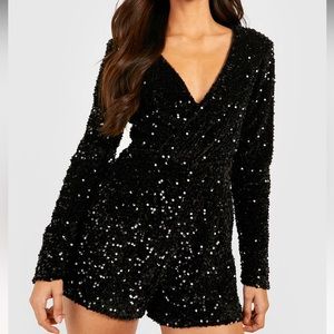 BOOHOO Tall Velvet Sequin Belted Romper Black US Size 10/UK Size 14